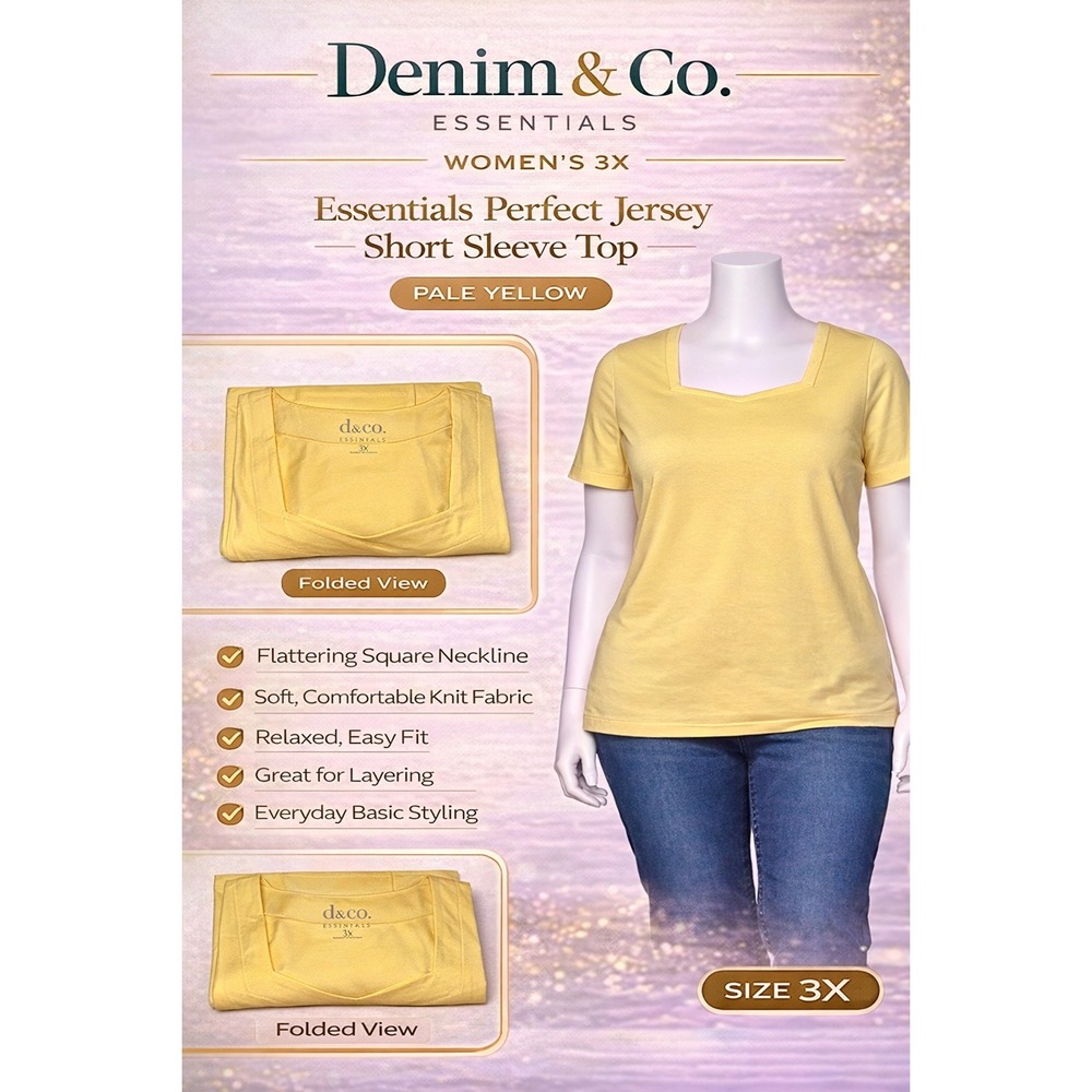 Denim & Co Essentials Perfect Jersey Square Neck Top Pale Yellow Womens 3X NEW